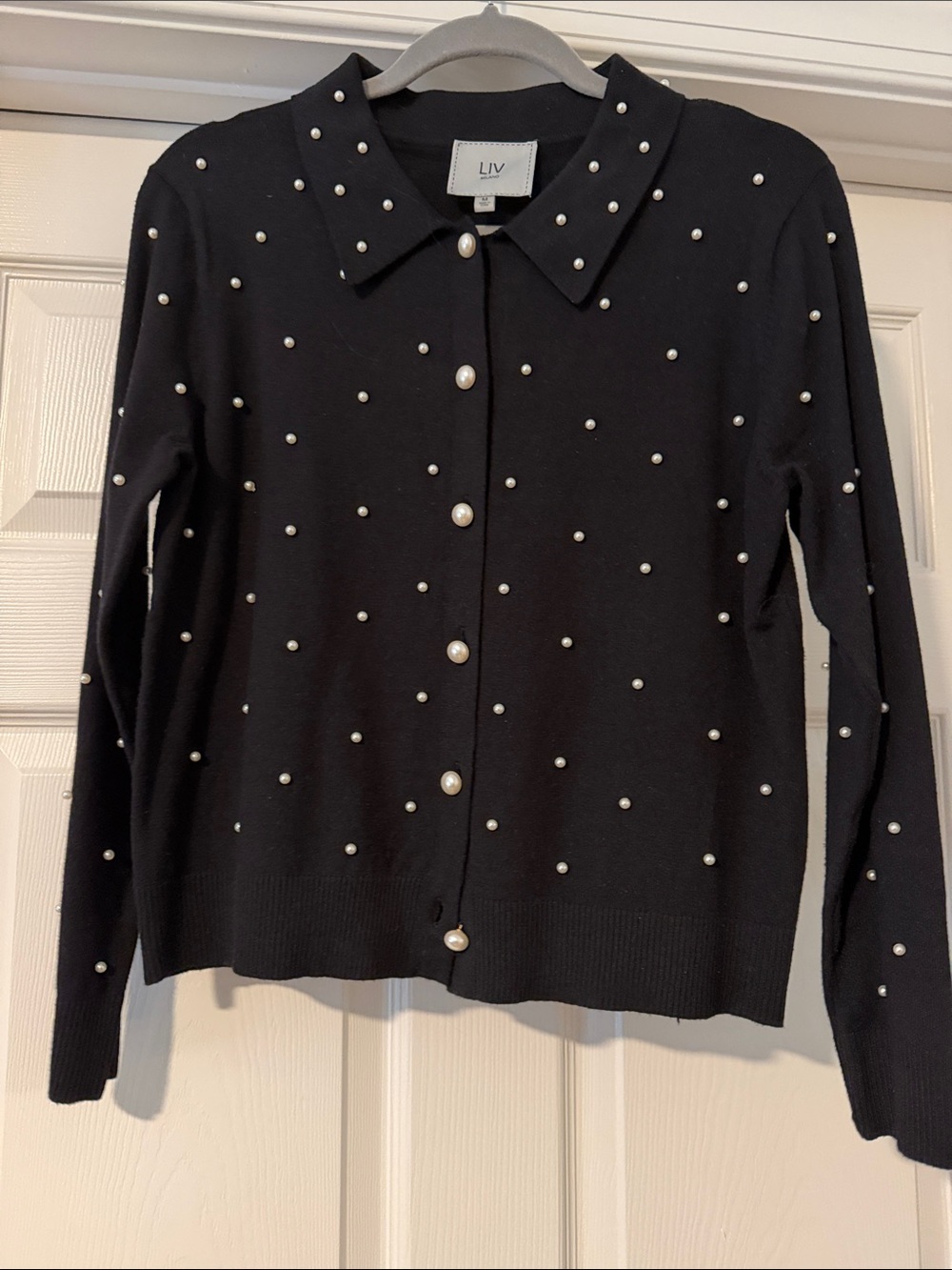{LIV Milano} Black Pearl-Embellished Collared Cardigan Sweater